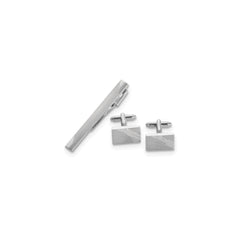 Rhodium-plated Satin Finish Striped Design Cuff Link and Tie Bar Set fine designer jewelry for men and women