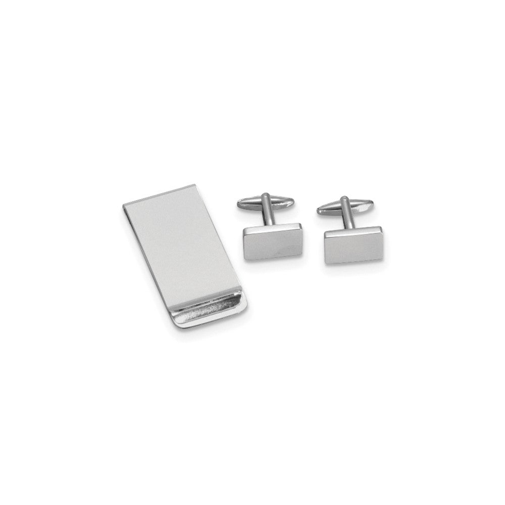 Silver-Plated Rectangular Engravable Cuff Link and Money Clip Set fine designer jewelry for men and women