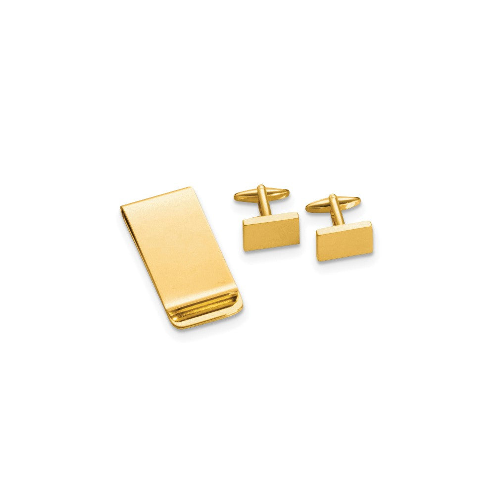 Gold-tone Rectangular Engravable Cuff Link and Money Clip Set fine designer jewelry for men and women