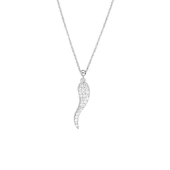 Sterling Silver Italian Horn Pendant Necklace with CZ Stones, 18 Inches, Adjustable