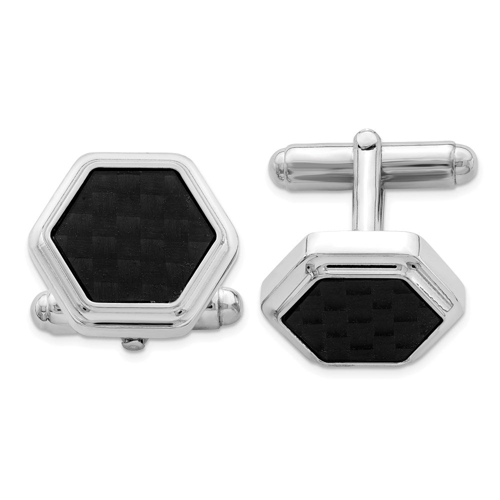 Sterling Silver Rhodium-plated Hexagon Black Carbon Fiber Cufflinks fine designer jewelry for men and women