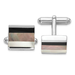 Sterling Silver Rhodium-plated Onyx and White/Grey MOP Cuff Links fine designer jewelry for men and women