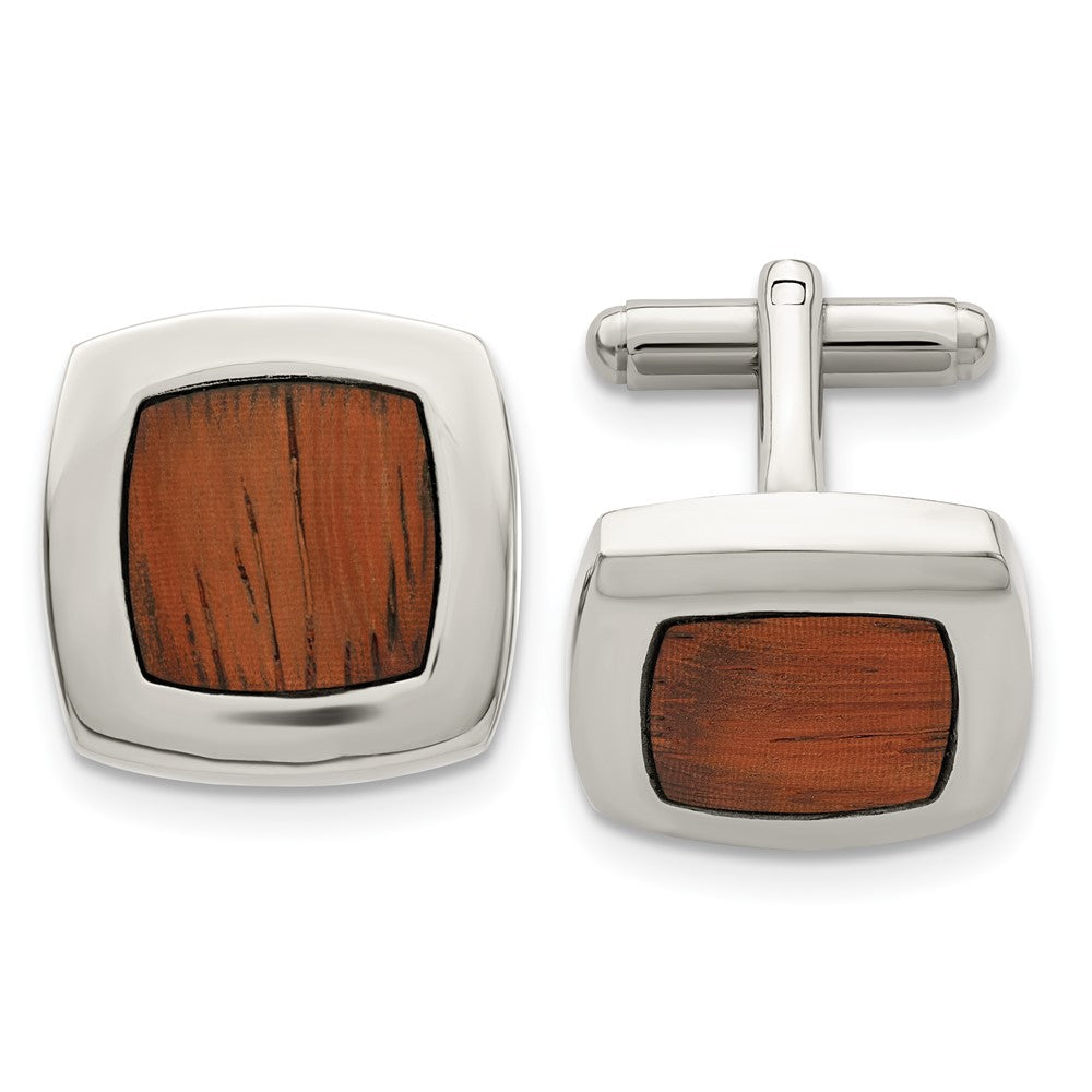 Chisel Stainless Steel Polished Koa Wood Inlay Rounded Square Cufflinks fine designer jewelry for men and women