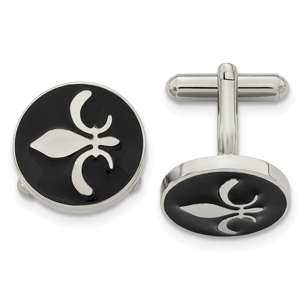 Chisel Stainless Steel Polished Enameled with Fleur de lis Circle Cufflinks fine designer jewelry for men and women