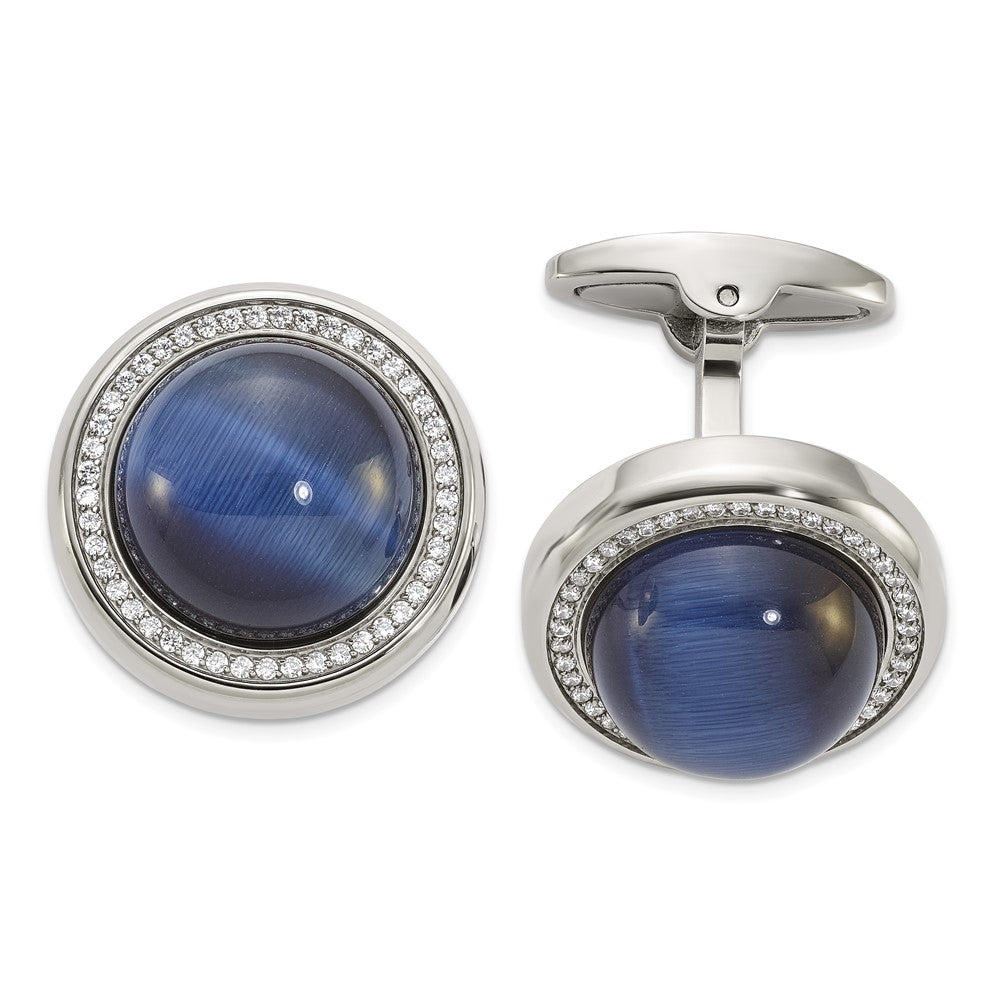 Chisel Stainless Steel Polished with CZ and Black/Blue Onyx Circle Cufflinks fine designer jewelry for men and women