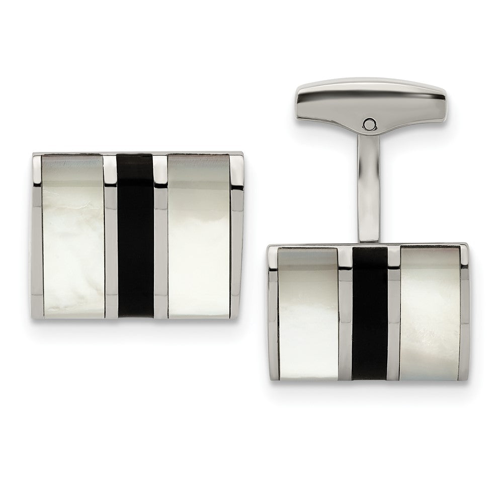 Chisel Stainless Steel Polished Mother Of Pearl and Black Onyx Cufflinks fine designer jewelry for men and women