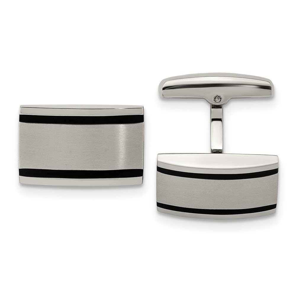 Chisel Stainless Steel Brushed and Polished Black Rubber Rectangle Cufflinks fine designer jewelry for men and women
