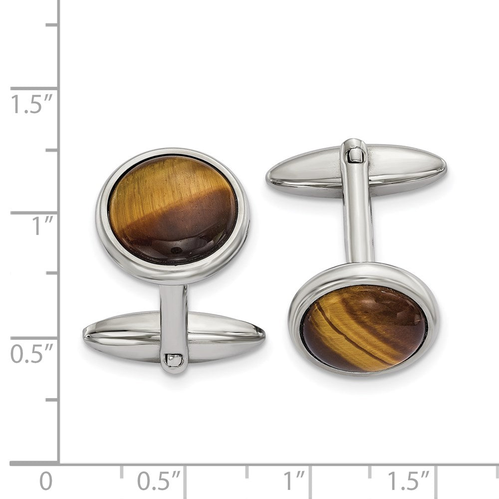 Chisel Stainless Steel Polished Tiger's Eye Circle Cufflinks fine designer jewelry for men and women