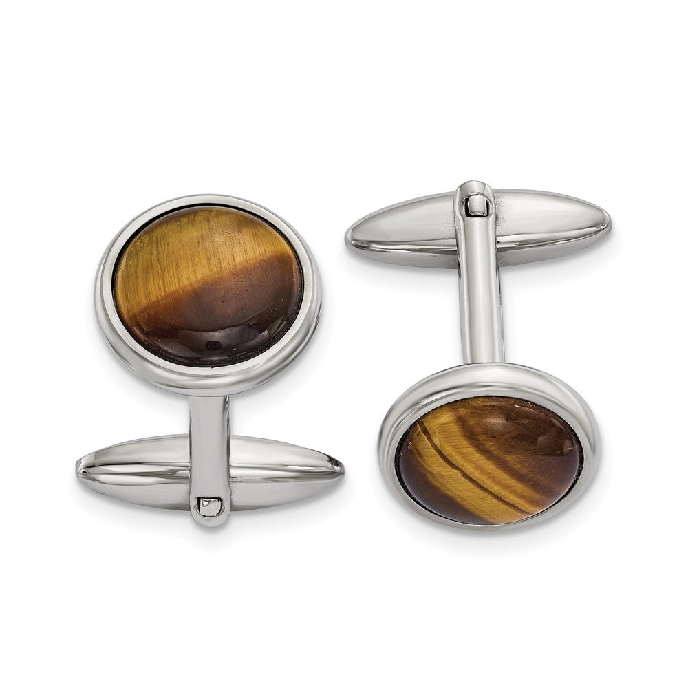 Chisel Stainless Steel Polished Tiger's Eye Circle Cufflinks fine designer jewelry for men and women