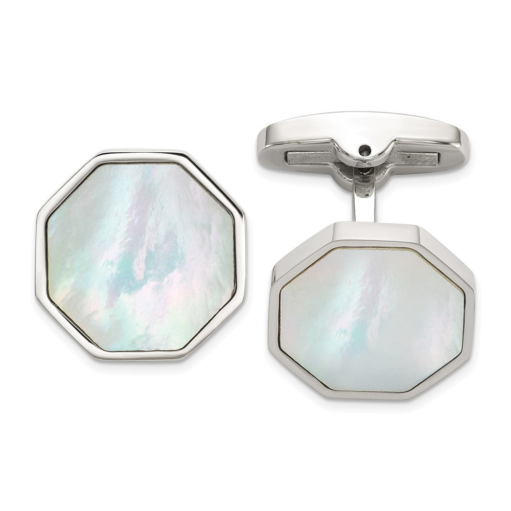 Chisel Stainless Steel Polished with Mother of Pearl Inlay Octagon Cuff Links fine designer jewelry for men and women
