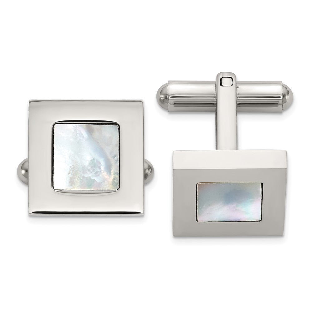 Chisel Stainless Steel Polished with Mother of Pearl Inlay Square Cuff Links fine designer jewelry for men and women