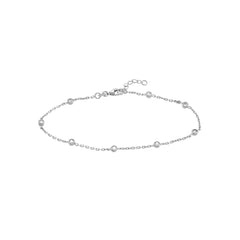Sterling Silver Cubic Zirconia Station Chain Anklet, Adjustable 9-10 Inches