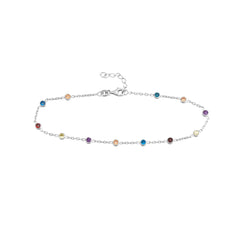 Sterling Silver Multi-Color CZ Chain Anklet, 10 Inch, Adjustable