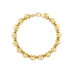 14k Real Yellow Puff Mariner Heart Charms Bracelet, 7.25 Inches