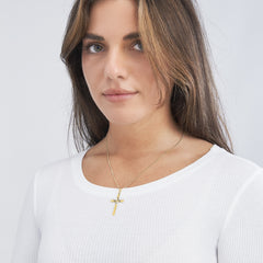 14K Yellow Gold Cross Pendant with Diamond-Cut Center Design, 35x15mm