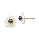 14k Yellow Gold Black Pearl & Mother of Pearl Flower Post Earrings,10mm