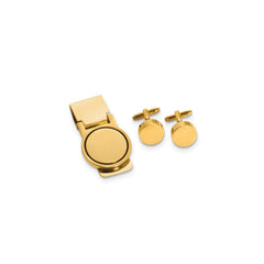 Gold - tone Circular Design Engravable Cuff Link and Money Clip Set - JewelryAffairs