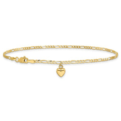 14K Real Solid Gold Figaro Link Chain Anklet with Dangling Heart Charm fine designer jewelry for men and women