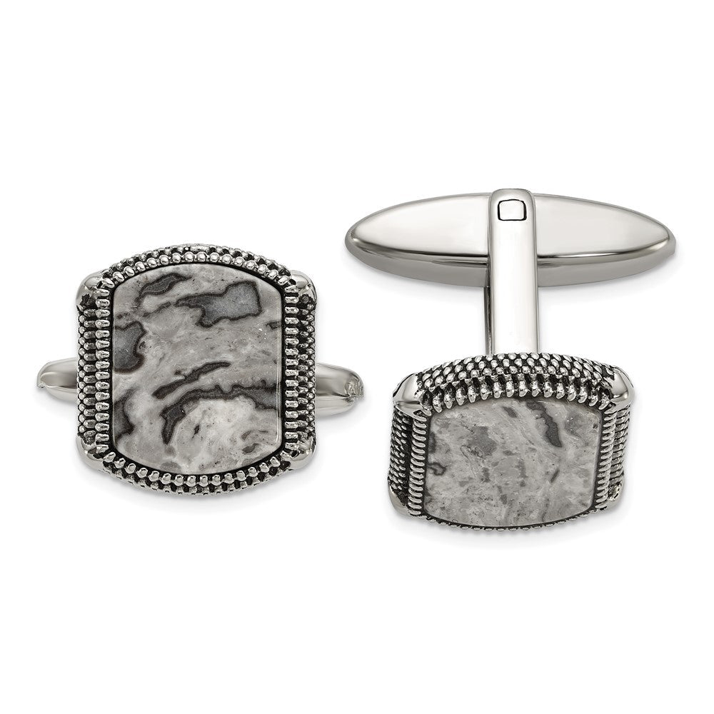Stainless Steel Antiqued and Polished Jasper Cuff Links - JewelryAffairs
