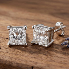 Sterling Silver Rhodium Finish Princess Cut Cubic Zirconia Stud Earring