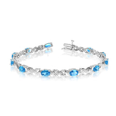 10K White Gold Oval Blue Topaz Stones And Diamonds Tennis Bracelet, 7" - JewelryAffairs