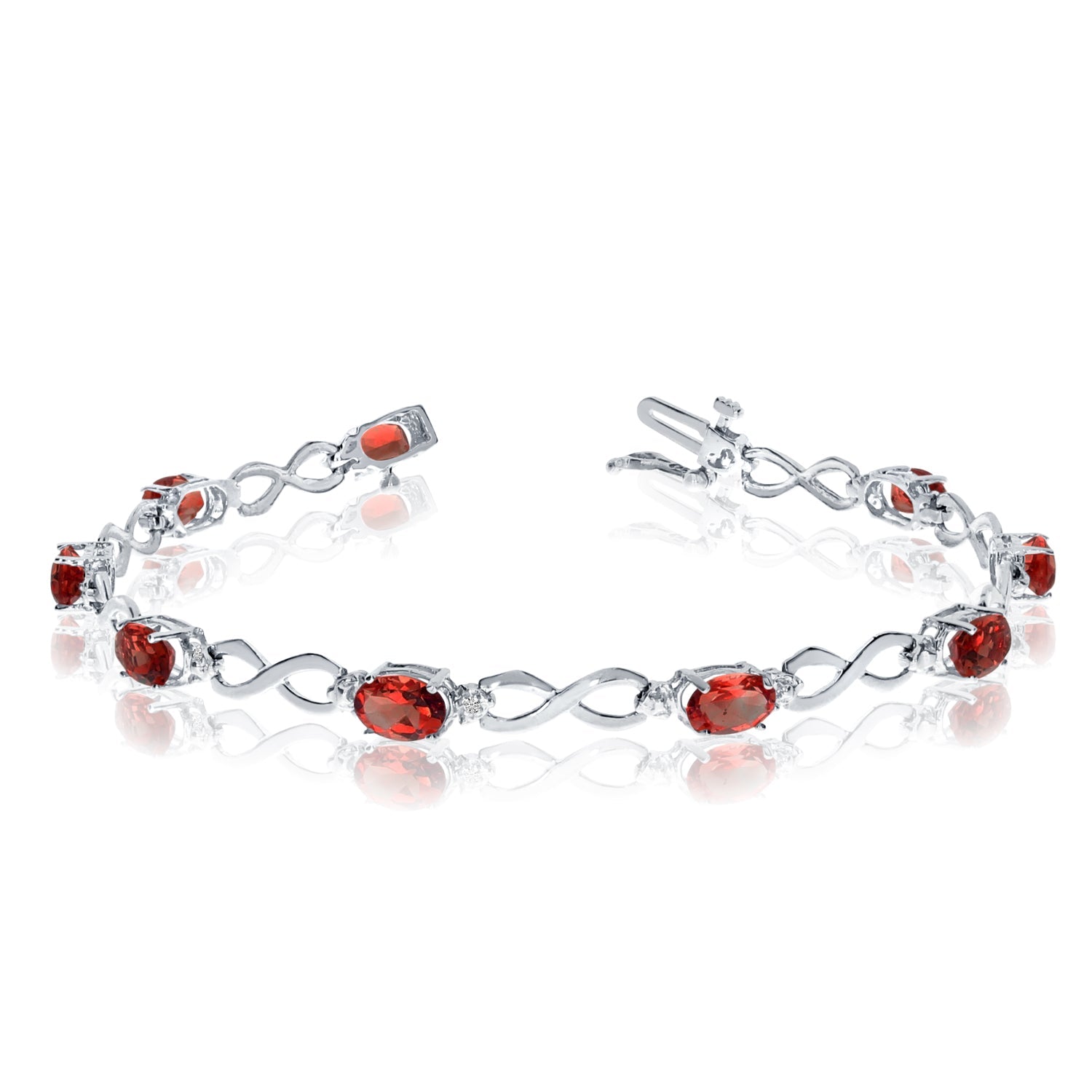 10K White Gold Oval Garnet Stones And Diamonds Infinity Tennis Bracelet, 7" - JewelryAffairs