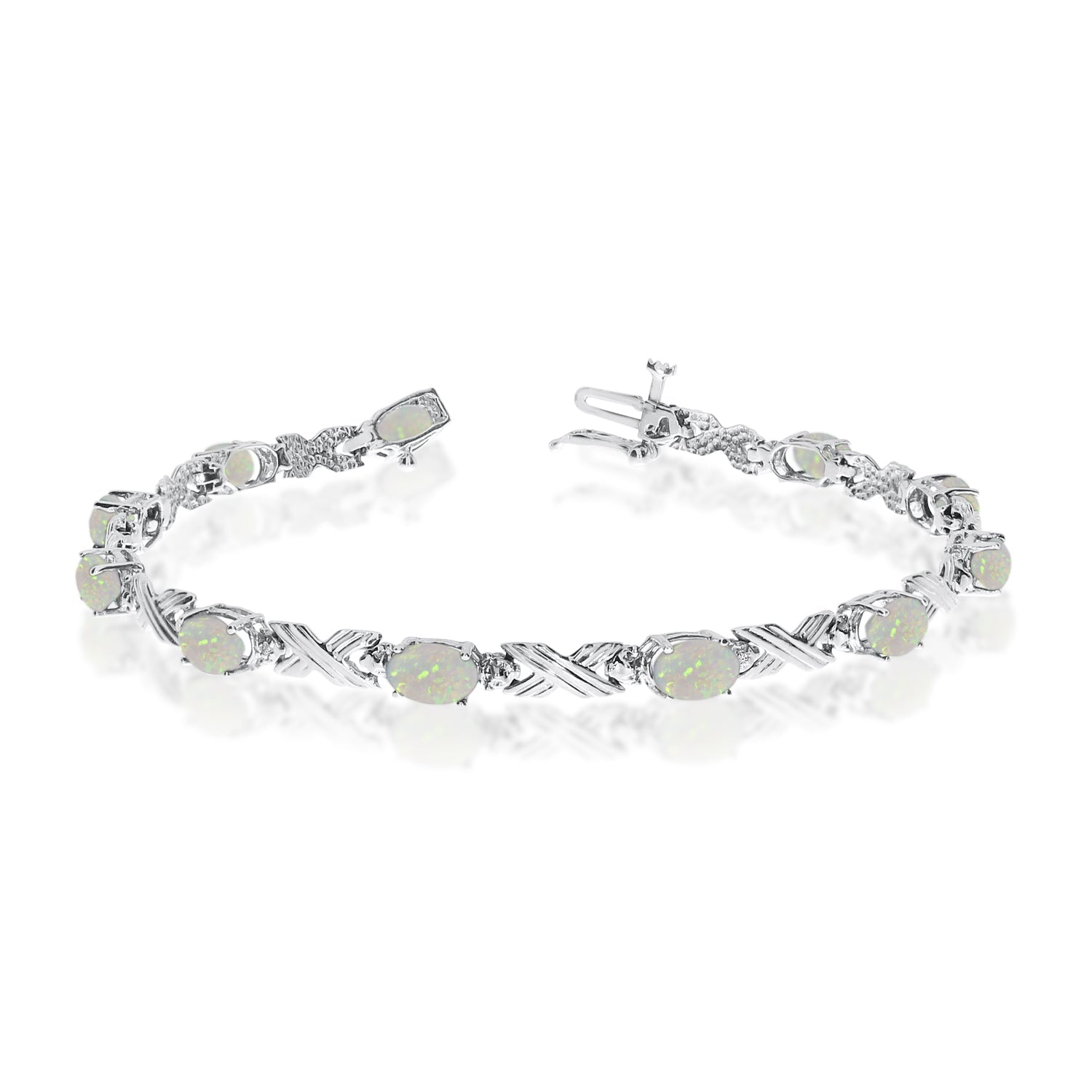 10K White Gold Oval Opal Stones And Diamonds Tennis Bracelet, 7" - JewelryAffairs