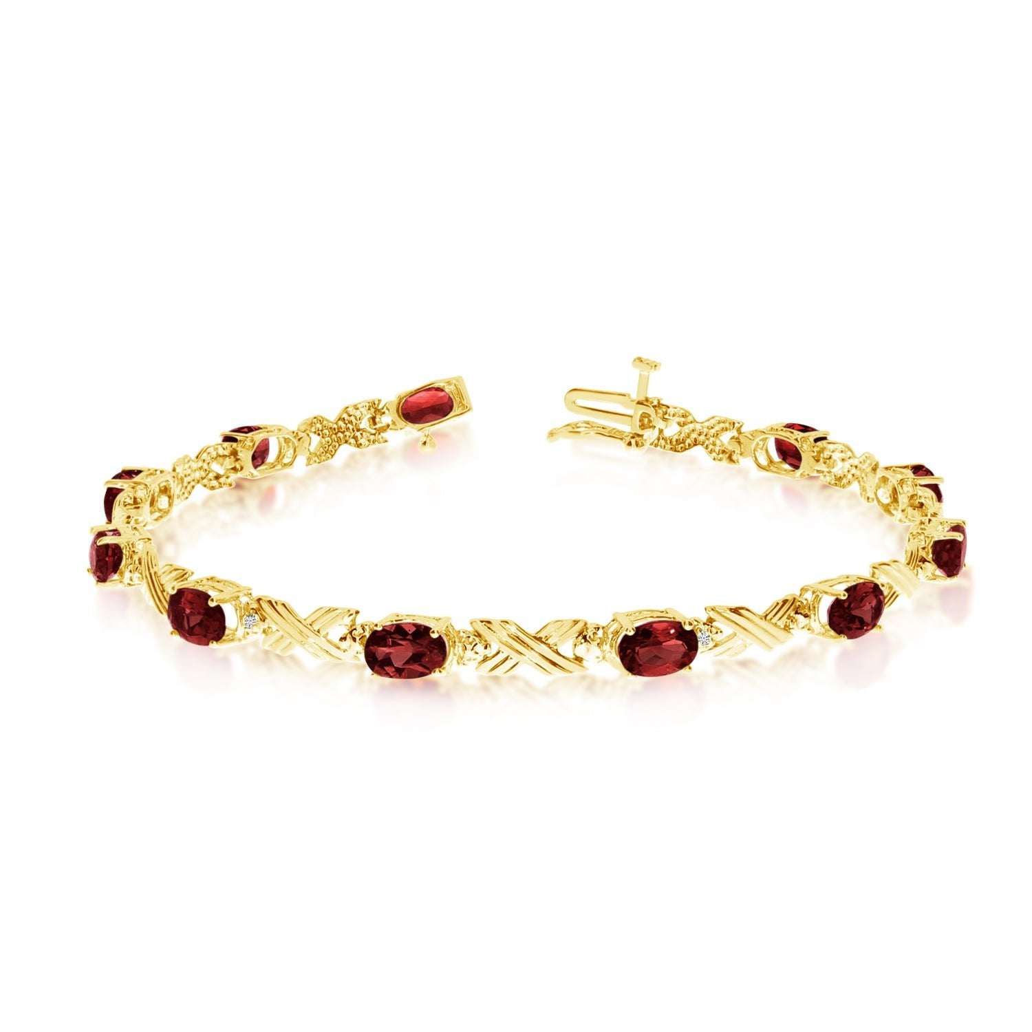 10K Yellow Gold Oval Garnet Stones And Diamonds Tennis Bracelet, 7" - JewelryAffairs