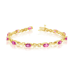 10K Yellow Gold Oval Pink Topaz Stones And Diamonds Tennis Bracelet, 7" - JewelryAffairs