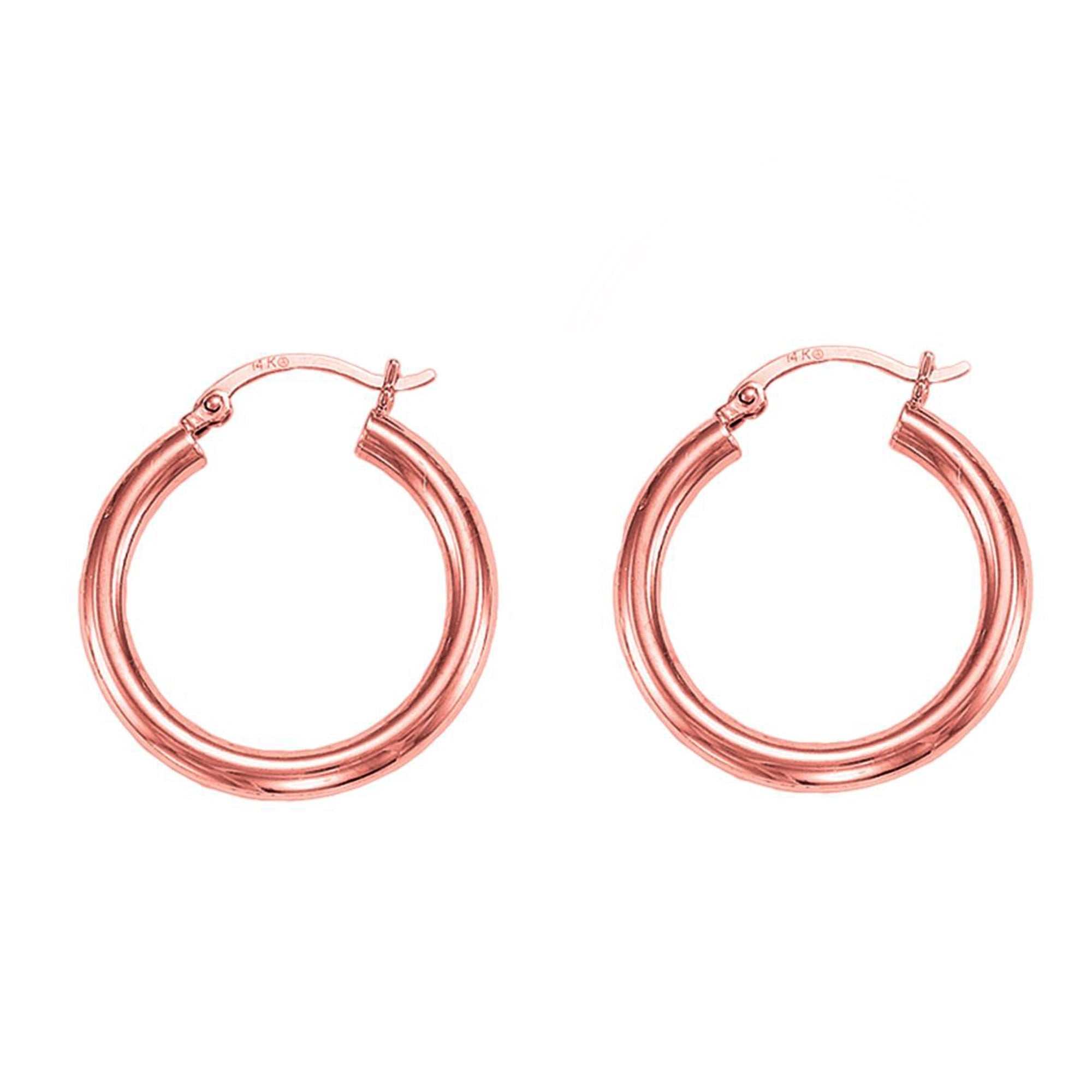 14k Rose Gold Polished Round Tube Hoop Earrings, Diameter 25mm - JewelryAffairs