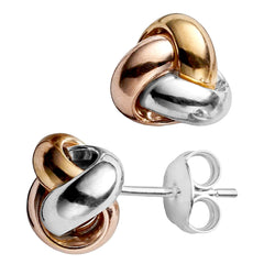 14k Tricolor Yellow White And Rose Gold Shiny Love Knot Stud Earrings, 9mm - JewelryAffairs