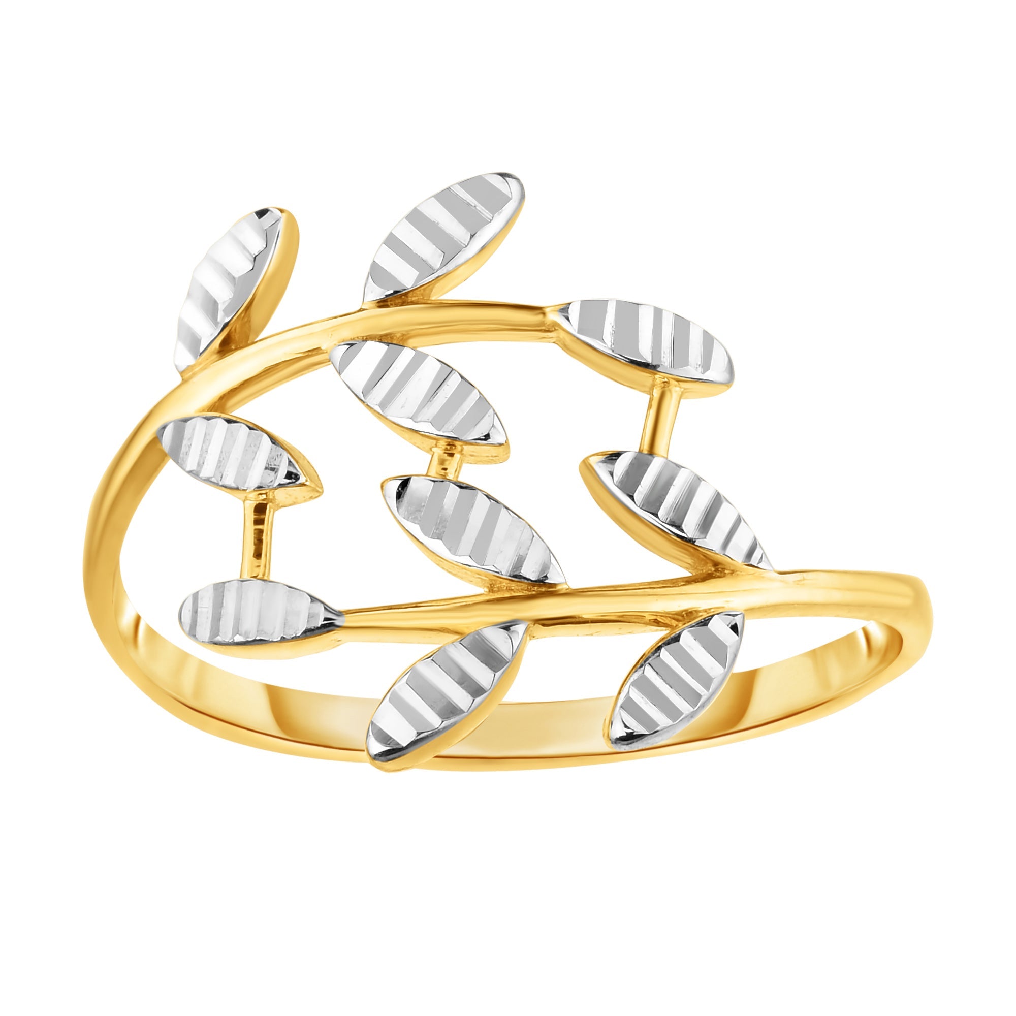 14K Two Tone Gold Diamond Cut Olive Leaf Branch Design Ring, Size 7 - JewelryAffairs