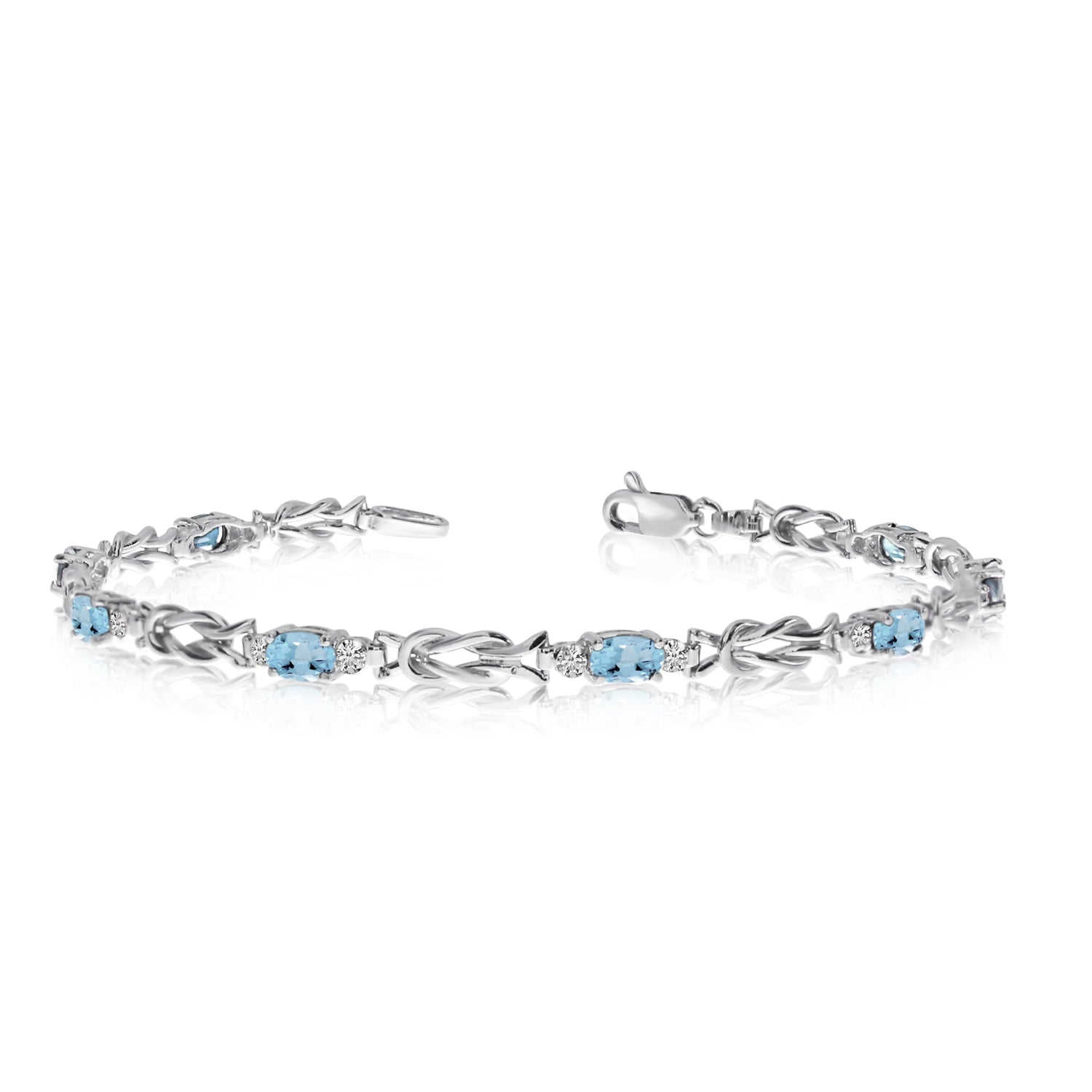 14K White Gold Oval Aquamarine Stones And Diamonds Tennis Bracelet, 7" - JewelryAffairs