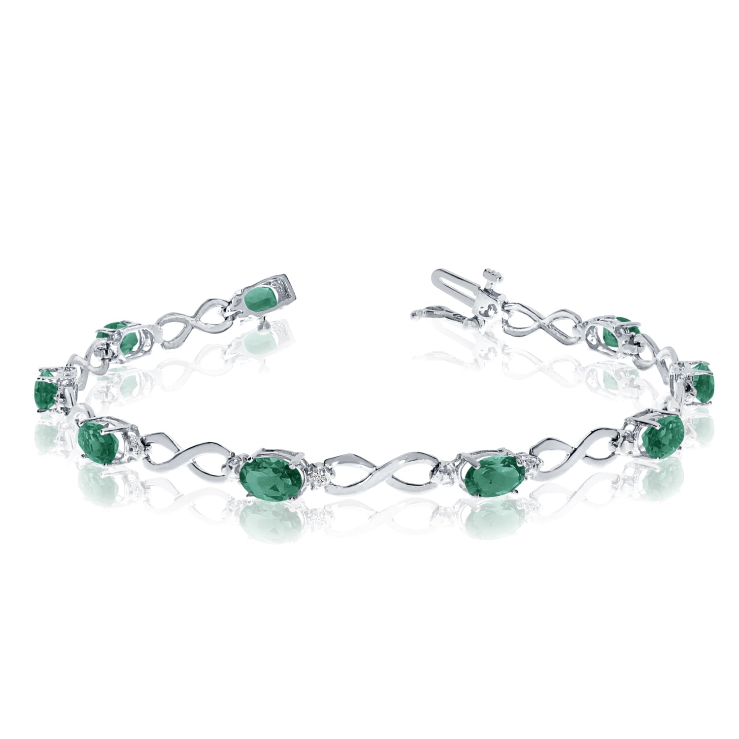 14K White Gold Oval Emerald Stones And Diamonds Infinity Tennis Bracelet, 7" - JewelryAffairs