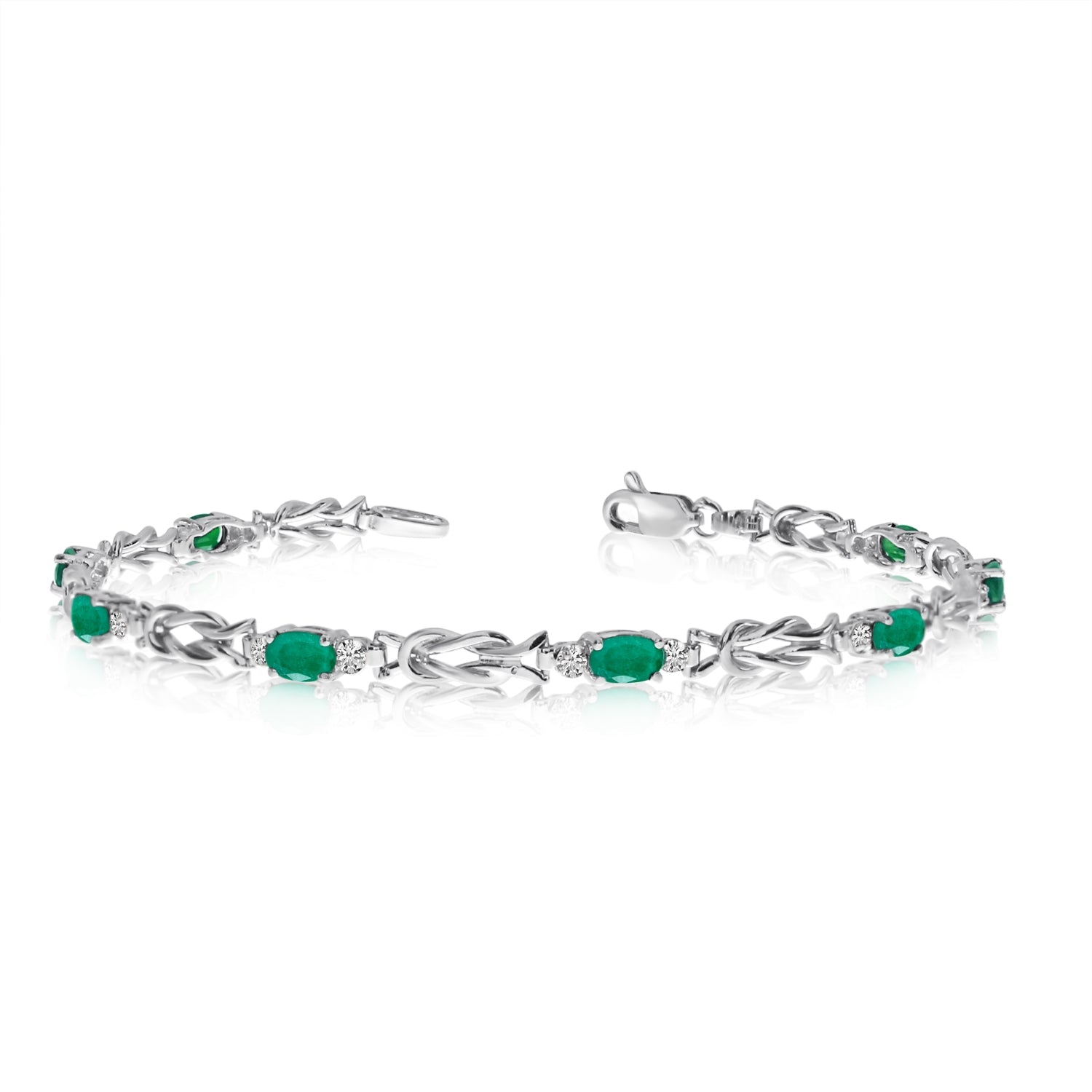 14K White Gold Oval Emerald Stones And Diamonds Tennis Bracelet, 7" - JewelryAffairs