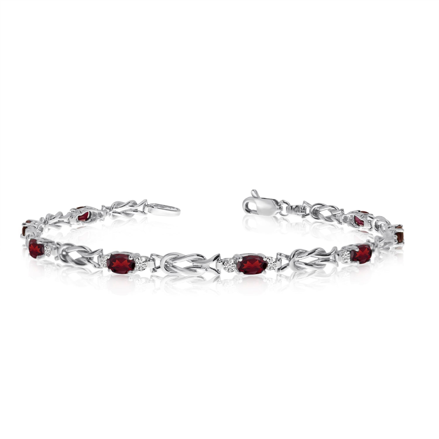 14K White Gold Oval Garnet Stones And Diamonds Tennis Bracelet, 7" - JewelryAffairs