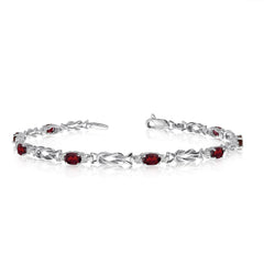 14K White Gold Oval Garnet Stones And Diamonds Tennis Bracelet, 7" - JewelryAffairs