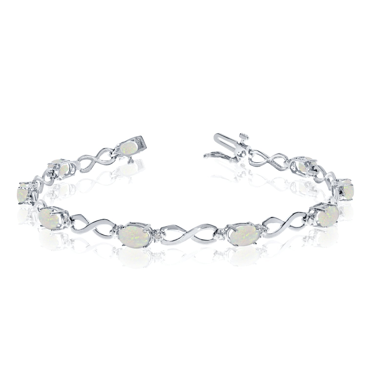 14K White Gold Oval Opal Stones And Diamonds Infinity Tennis Bracelet, 7" - JewelryAffairs