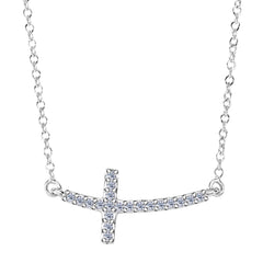 14k White Gold With 0.12ct Diamonds Curved Side Ways Cross Necklace - 18 Inches