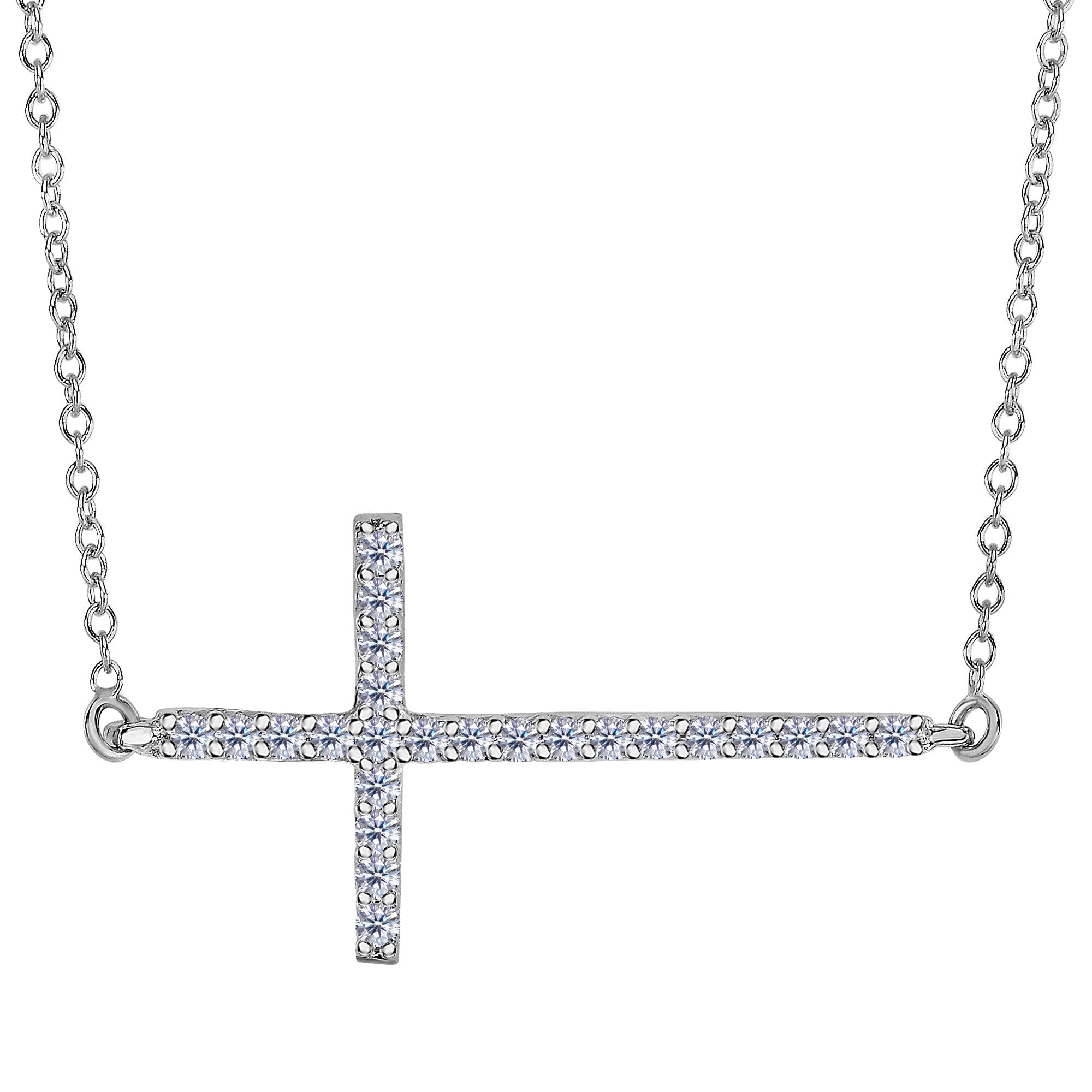 14k White Gold With 0.25ct Diamonds Side Ways Cross Necklace - 18 Inches