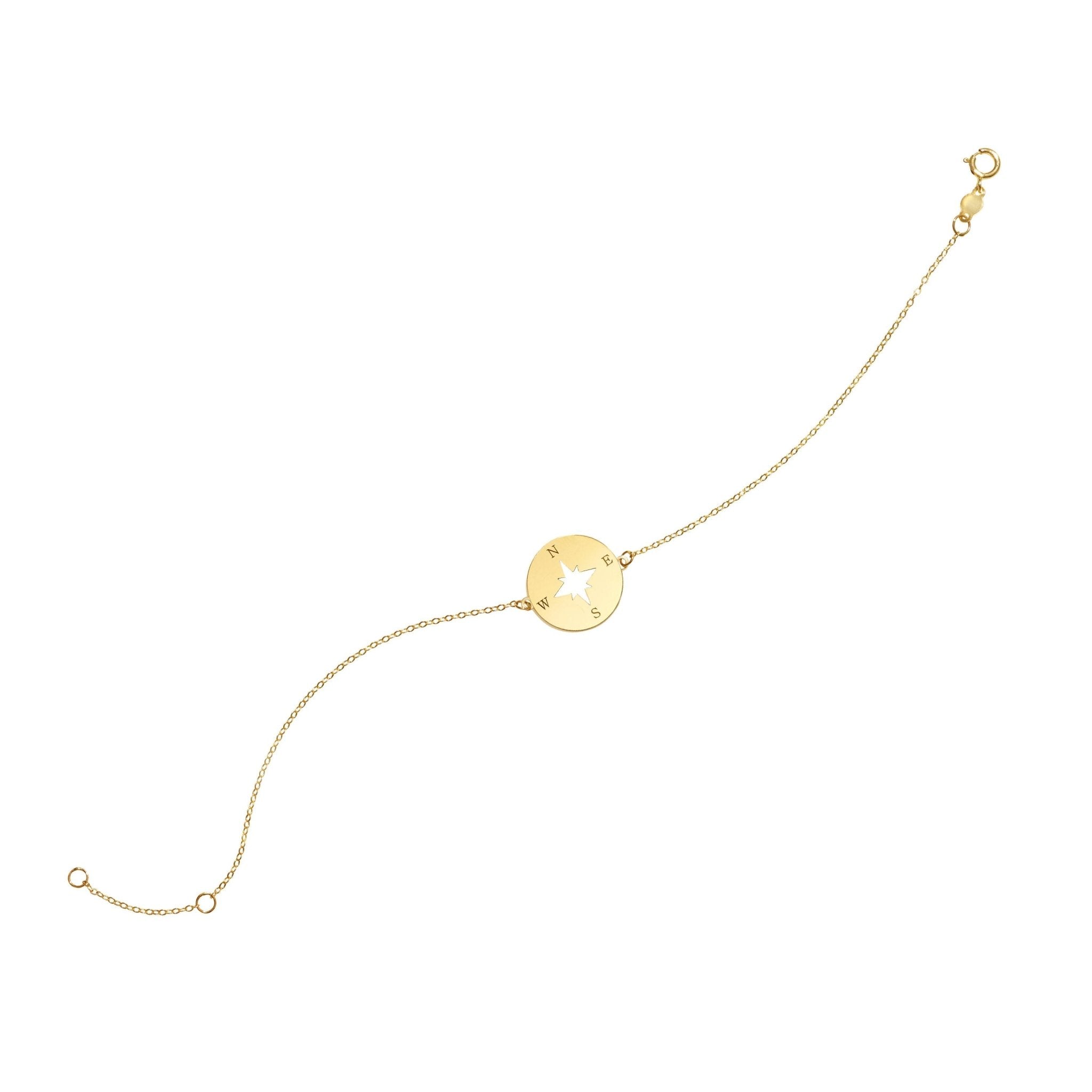 14k Yellow Gold Compass Charm Chain Bracelet, 7" - JewelryAffairs