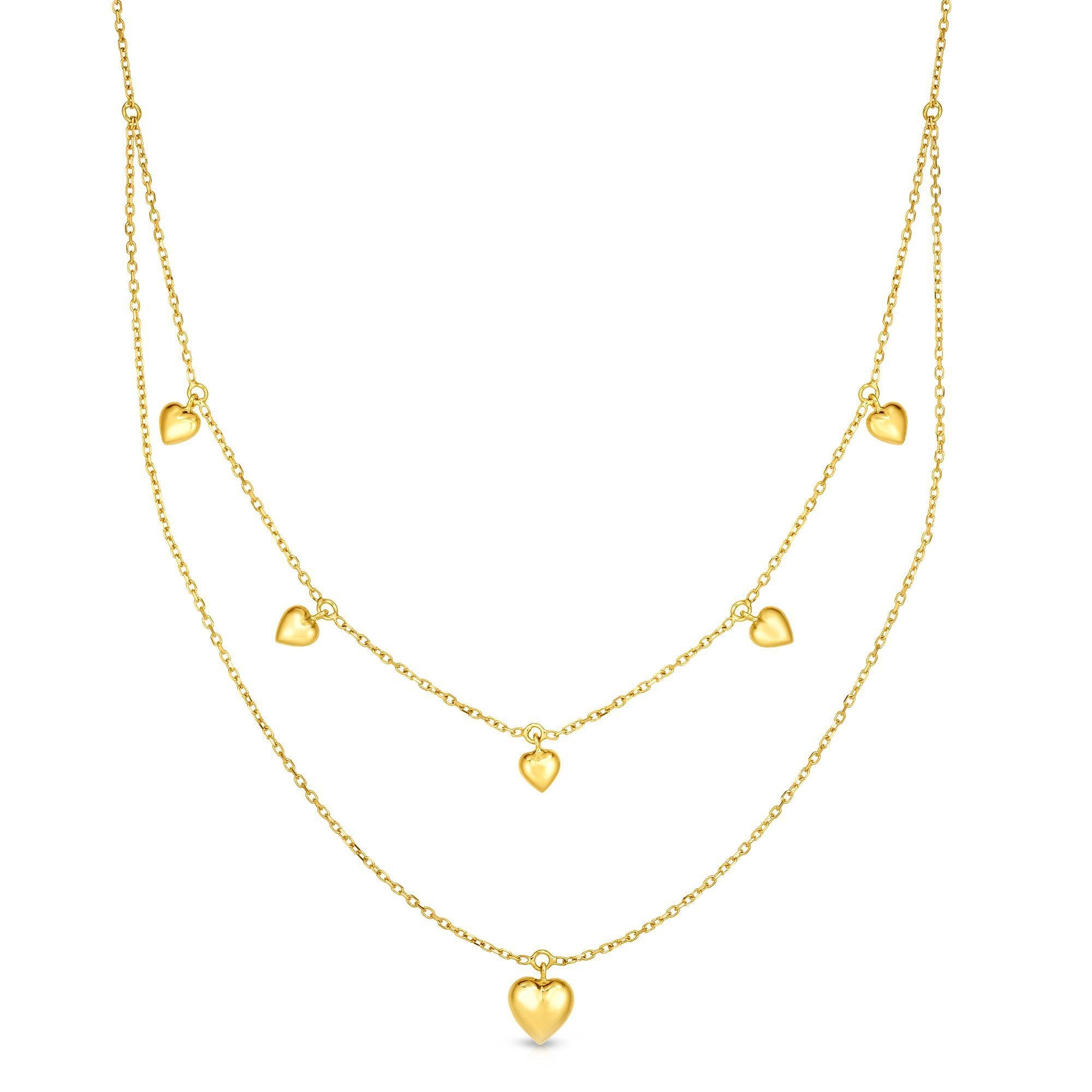 14k Yellow Gold Dangle Heart Charms Necklace, 18"