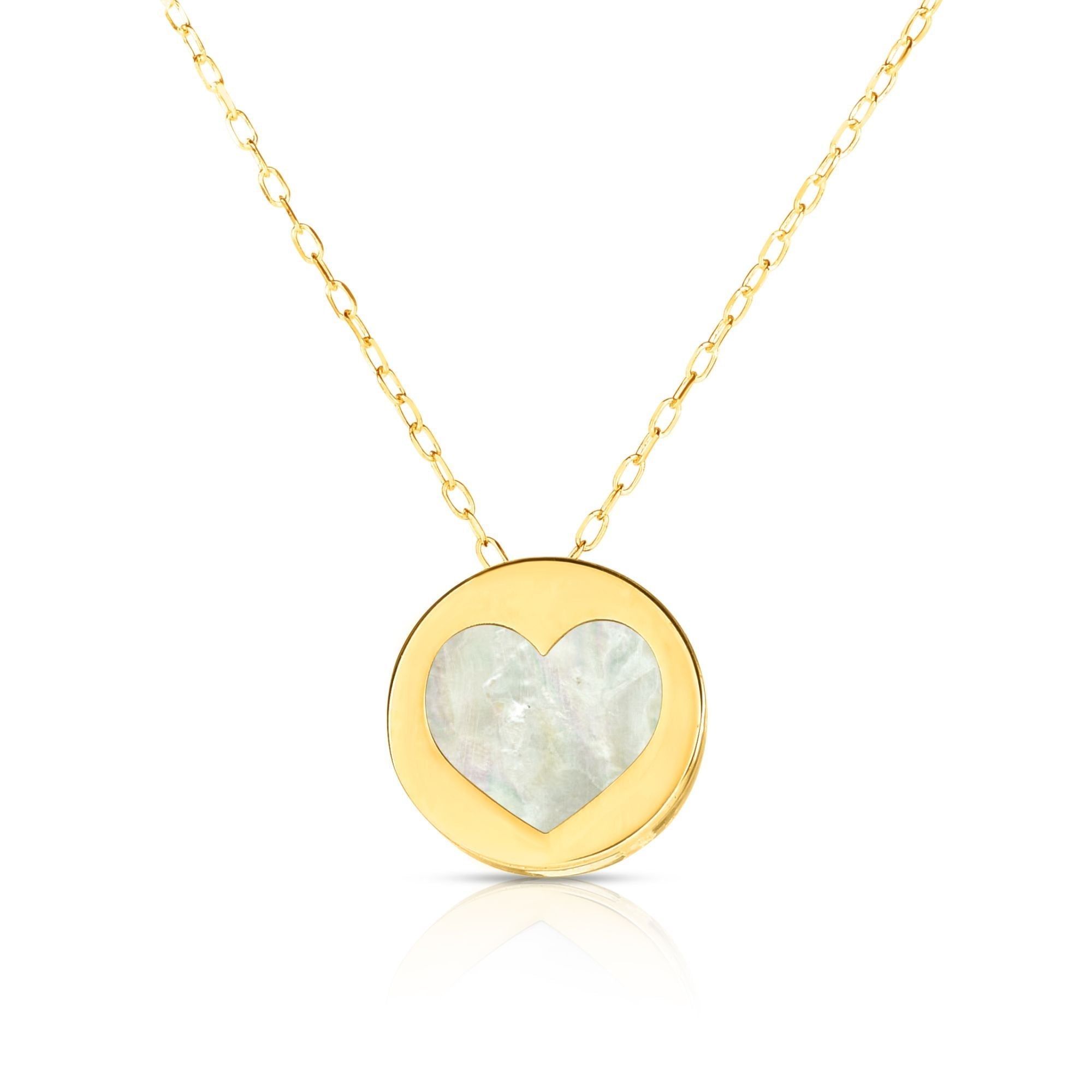 14K Yellow Gold Mother Of Pearl Heart Pendant Necklace, 16" - JewelryAffairs