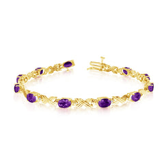 14K Yellow Gold Oval Amethyst Stones And Diamonds Tennis Bracelet, 7" - JewelryAffairs