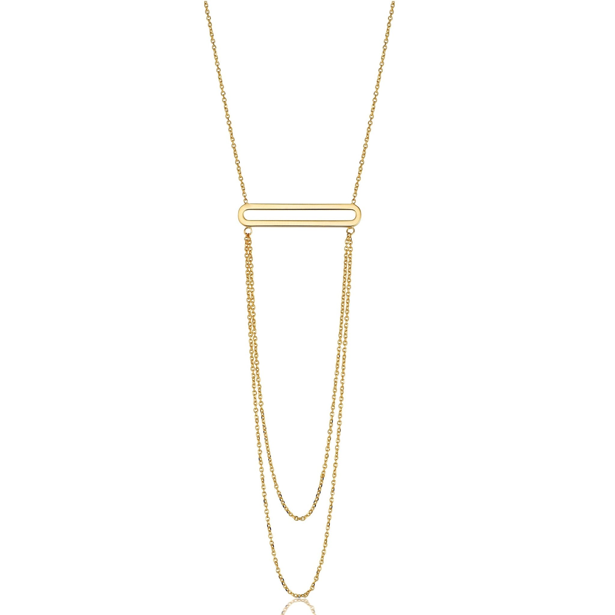 14K Yellow Gold Oval Bar Pendant With Layered Chain 18" Necklace - JewelryAffairs