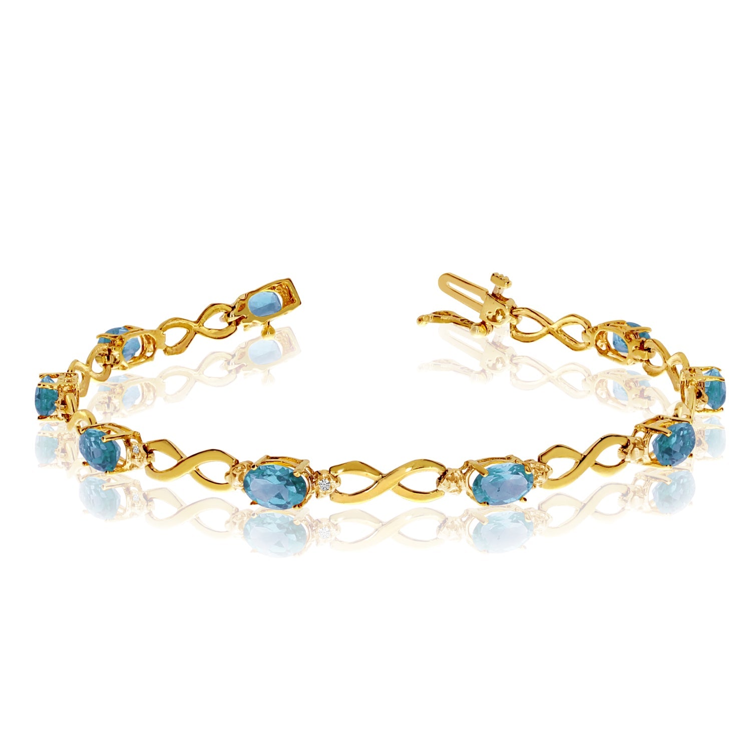 14K Yellow Gold Oval Blue Topaz Stones And Diamonds Infinity Tennis Bracelet, 7" - JewelryAffairs