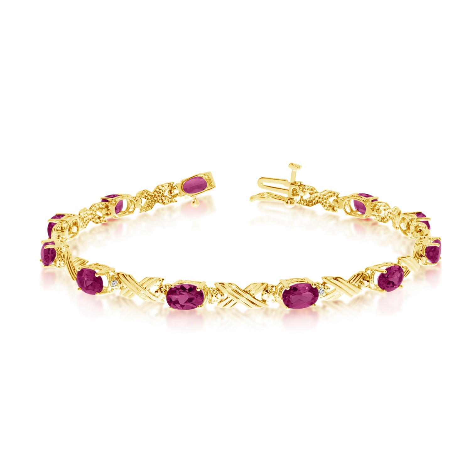 14K Yellow Gold Oval Ruby Stones And Diamonds Tennis Bracelet, 7" - JewelryAffairs