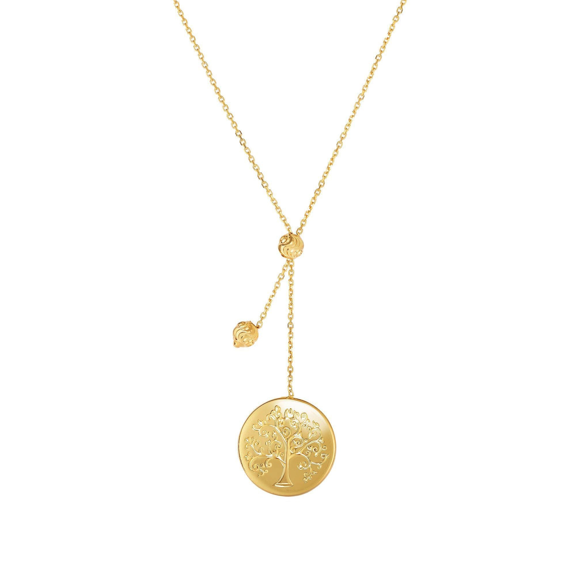 14k Yellow Gold Tree of Life Small Bead Lariat on Chain Necklace, 18"