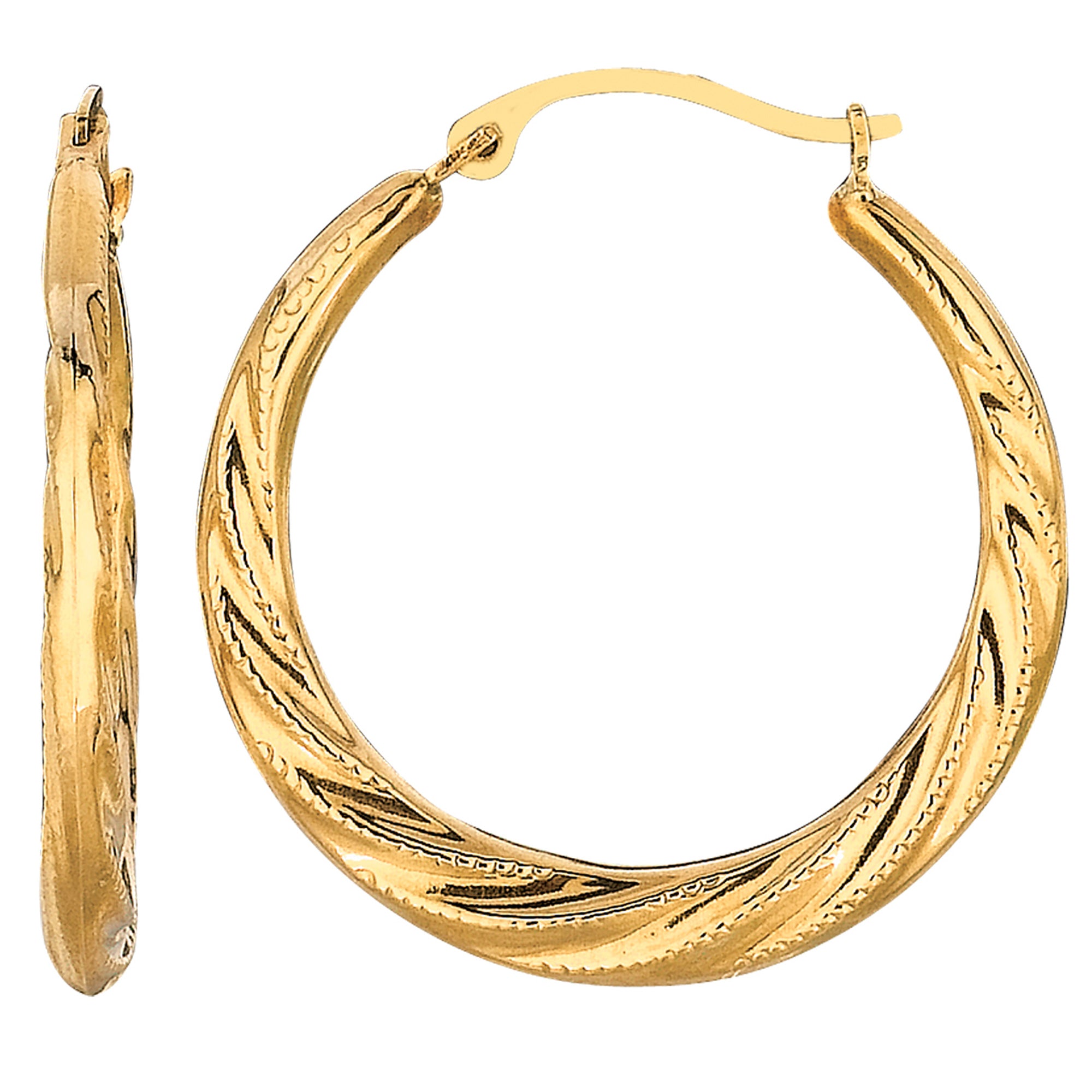 10k Yellow Gold Swirl Texture Round Hoop Earrings, Diameter 25mm fine designer jewelry for men and women