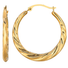 10k Yellow Gold Swirl Texture Round Hoop Earrings, Diameter 25mm fine designer jewelry for men and women